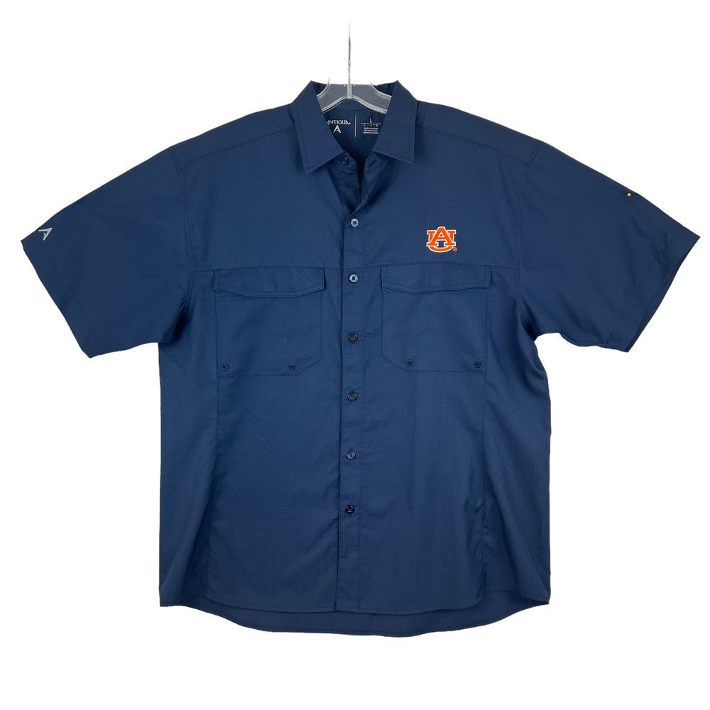 AUBURN Embroidered Mens Navy Short Sleeve Button Down Fishing Shirt Size‎ Large